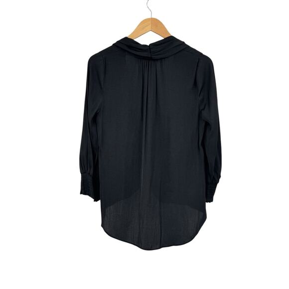 Current Air Black Satin Twisted Plunging Neck Hi Low Long Smocked Sleeve Blouse - Picture 8 of 11